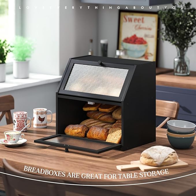 STDDRE Bread Box for Kitchen Countertop Bin Double Layer Bread Box Storage Container Extra Large Capacity with Diamond Pattern Windows (Black, Extra Large)