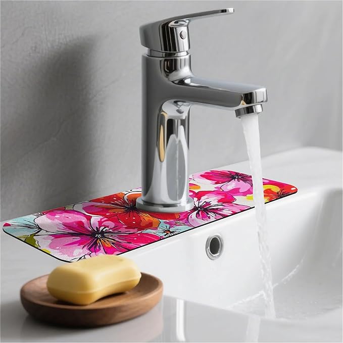 Kitchen Sink Splash Guard，Colorful fantastical flowers Faucet Mat Sink Gadgets-Super Absorbent Fast Drying Mat Drip Catcher for Kitchen, Bathroom,Sink Mat, Dish Drying Mat, Bathroom(15" X 5.5" )