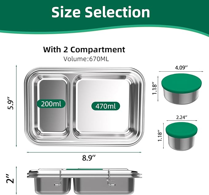 Stainless Steel Bento Box for Adults, 22.6 oz Leakproof 2-Compartments Stainless Steel Bento Containers, Metal Lunch Box with 2 Container, Dishwasher Safe, Design for Office,Outdoor, BPA-Free Green