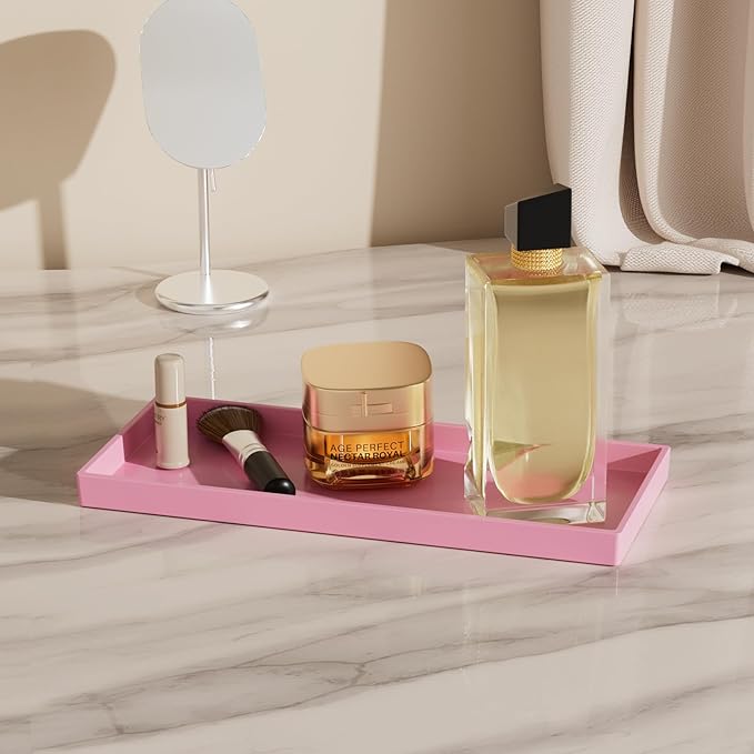 Mriluvy Vanity and Bathroom Tray, 11.8" ABS Countertop Organizer,Waterproof Vanity Tray for Toilet Tank,Perfume,Soap,Keys,Bathroom Accessories,Kitchen and Bath Trays,Non Slip Small Trays,Pink