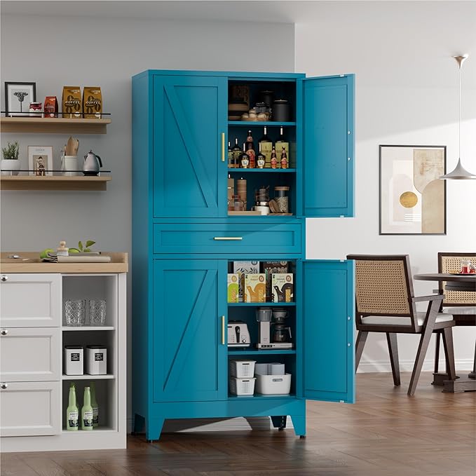 YNIQUESTLE 71" Tall Farmhouse Pantry Cabinet,Metal Cabinet with Adjustable Shelves and Doors,Storage Cabinet for Kitchen Garage,Blue