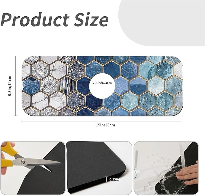 Kitchen Sink Splash Guard，Hexagonal tiles Faucet Mat Sink Gadgets-Super Absorbent Fast Drying Mat Drip Catcher for Kitchen, Bathroom,Sink Mat, Dish Drying Mat, Bathroom(15" X 5.5" )