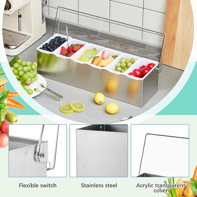 Mifoci 1 Pack Stainless Steel Chilled Condiment Server 6 Removable Slot Toppings Containers with Lid and Bottom Ice Bar Garnish Tray with 9 Silverwares 4 Ice Boxes for Christmas Party, Events and Bar
