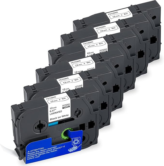 Label Maker Tape TZe-231 Replacement for Brother P Touch PT-D210 PT-D220 PT-H110 PT-D600 D400 by FETIONS, Compatible with TZe TZ 12mm X 8m Laminated Waterproof Label Tape, 6 Pack