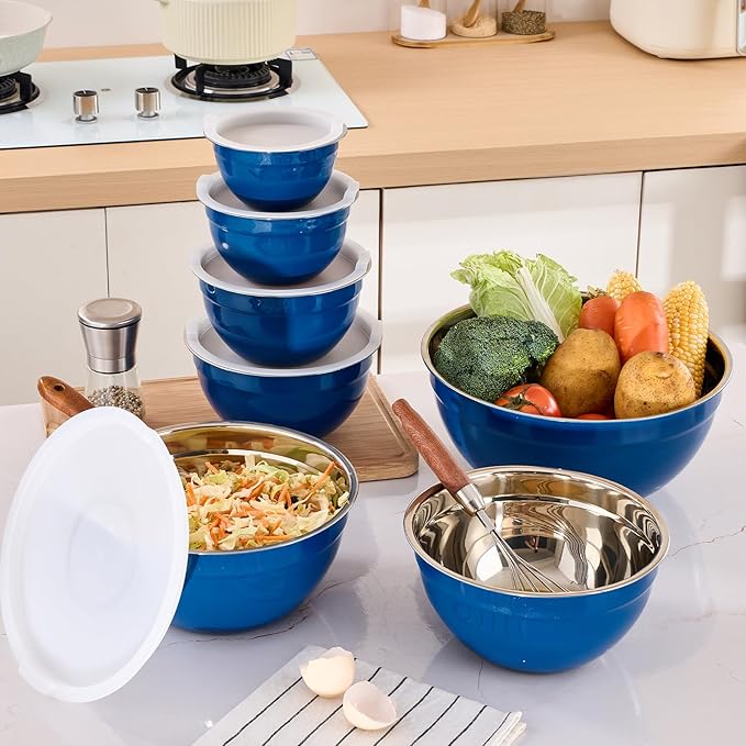 Moxinox Blue Mixing Bowls with Airtight Lids, Stainless Steel Nesting Mixing Bowls Set of 7, Ideal for Baking, Prepping and Serving Food, Size 7, 3.6, 2.7, 2.1, 1.5, 1.1,0.8 QT, Stackable Design