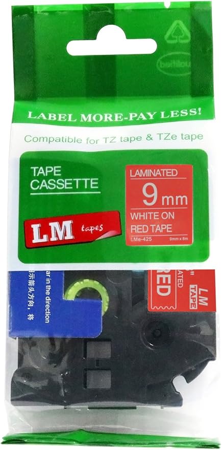 1/Pack LM Tapes - LMe425 Premium 3/8" White Print on Red Label Compatible with P-Touch TZe-425 Tape and Includes Tape Color/Size Guide. Replaces TZ-425 9mm 0.35 Laminated.
