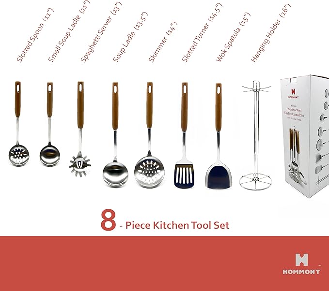 Hommony Cooking Utensils Set, 8-Piece 304 Stainless Steel Kitchen Tool Sets with Holder, Wooden Handle Heat Resistant Kitchen Cookware Set, Gadgets Tools Set Gift