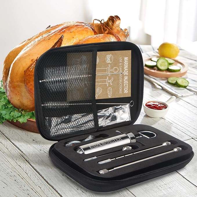 BSQ MONSTER Meat Injector Syringe Kit with 4 Professional Marinade Injector Needles and Travel Case for BBQ Grill Smoker, Turkey, Brisket; 2-oz Capacity; Paper User Manual and E-Book (PDF)