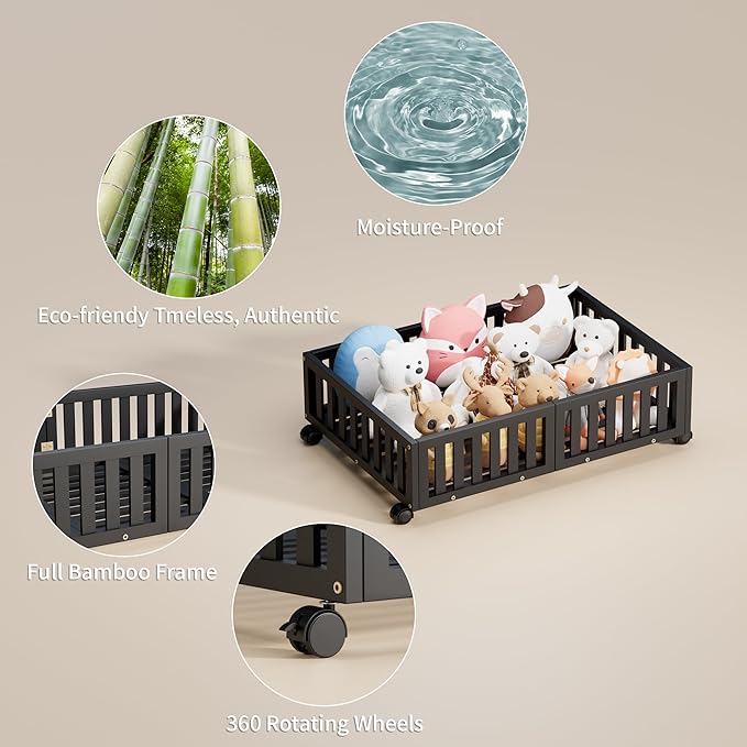 Bamboo Under Bed Storage with Wheels,Rolling Underbed Shoe Organizer Box for Shoes,Blankets,Toys,Clothes Container Space-Saving Bins for Bedroom,Closet,Dorm,Nursery