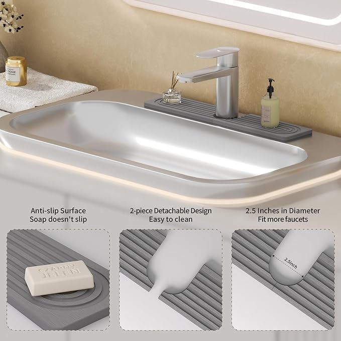 Faucet Mat for Kitchen Sink, Diatomite Stone Drying Sink Protectors, Bathroom Faucet Splash Guard, Quick Dry Water Absorbing, Non-Slip Stone Tray for Kitchen Counter, Grey, 15.7" x 3.9"