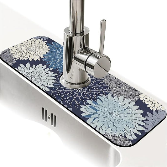 Kitchen Sink Splash Guard，Chrysanthemum flowers Faucet Mat Sink Gadgets-Super Absorbent Fast Drying Mat Drip Catcher for Kitchen, Bathroom,Sink Mat, Dish Drying Mat, Bathroom(15" X 5.5" )
