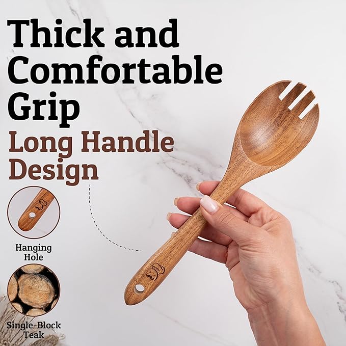 Priority Chef Wooden Salad Server Fork – Single Teak Salad Serving Utensil for Tossing and Serving Greens, Pasta & Sides – Durable, Nonstick-Safe Kitchen Tool