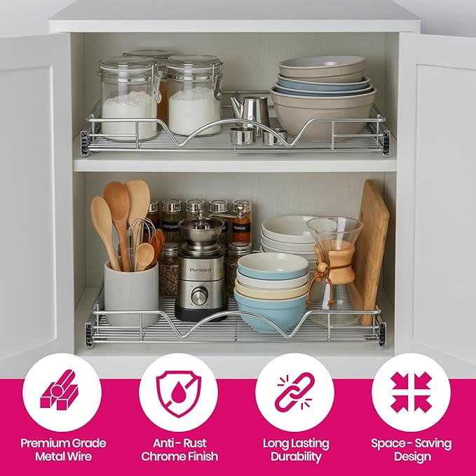 HOLDN’ STORAGE Pull Out Cabinet Organizer - Heavy Duty Steel with Smooth Slide-Out Drawers, Chrome Finish - 14" W x 17" D Basket, Fits 15.25" Cabinet Opening