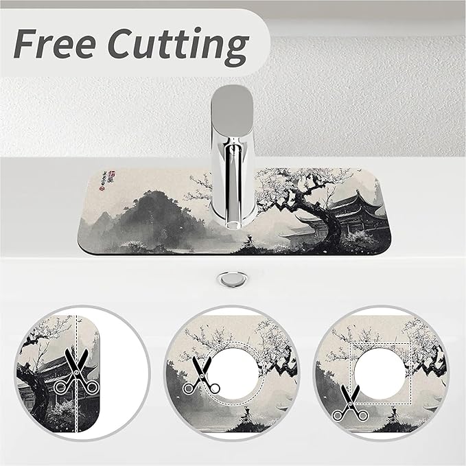 Kitchen Sink Splash Guard，Chinese ink landscape Faucet Mat Sink Gadgets-Super Absorbent Fast Drying Mat Drip Catcher for Kitchen, Bathroom,Sink Mat, Dish Drying Mat, Bathroom(15" X 5.5" )