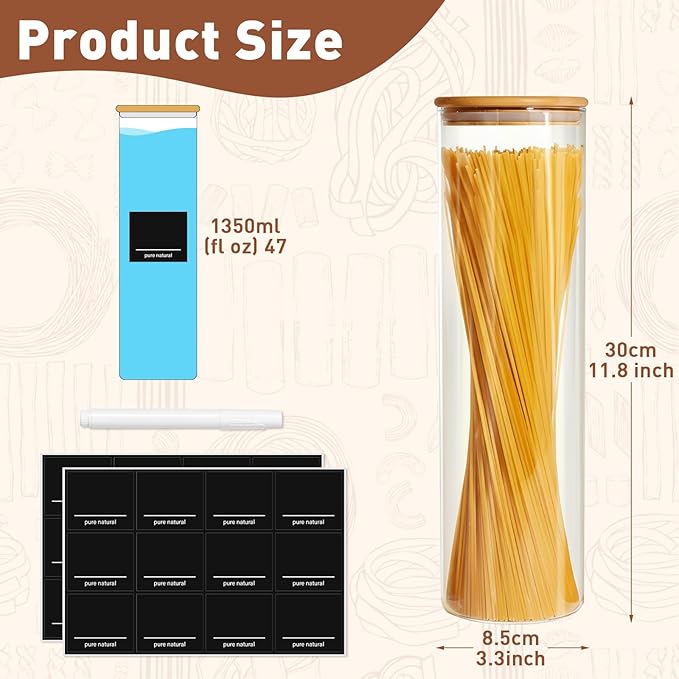 Glass Storage Jars with Bamboo Lids,3pcs Glass Pasta Storage Containers Food Storage with Bamboo Lids for Pasta,Flour,Cereal,Sugar,Cookie