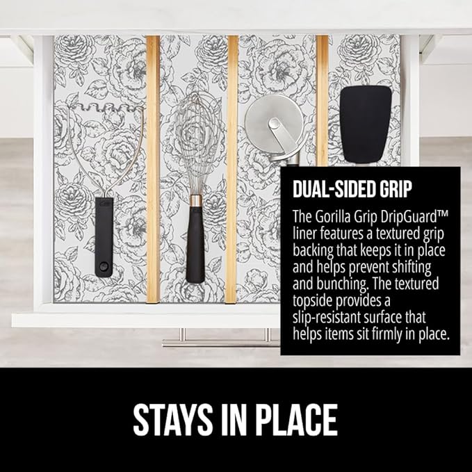 GORILLA GRIP DripGuard Shelf Liner, Non Adhesive Drawer and Kitchen Cabinet Protector, Slip Resistant BPA Free Smooth Surface Plastic Liners for Cabinets, Bathrooms, Closets, 12x120 Inch, Floral Gray