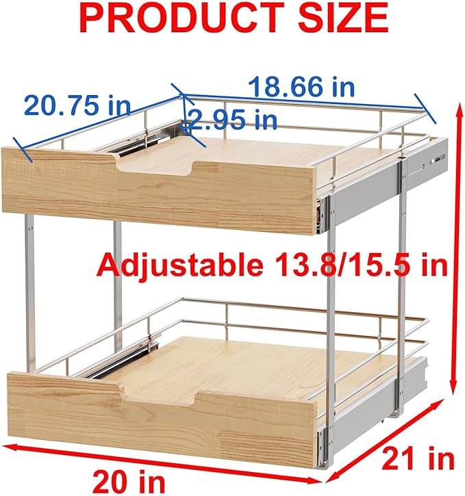Sikarou Pull Out Cabinet Organizer,Heavy-Duty Slide Out Shelf, Wood and Wire Basket, Pull Out Drawer for for Kitchen Under Sink Space, Pantry, Bathroom, 2 Tie 20 * 21 in