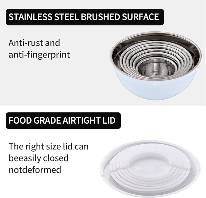 LKTDYMEG White Mixing Bowls with Lids Set of 7, Stainless Steel Nesting Bowl with Khaki Lid for Non-slip Mixing Prepping Storing Serving, 7 Sizes-7/3.6/2.7/2.1/1.5/1/0.8 QT