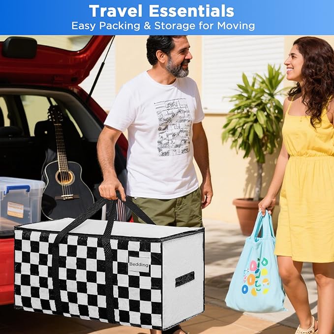 Extra Large Moving Bags Heavy Duty Storage Bags with Zipper Handles, BETU 6 Pack Clothes Storage Totes Bins Packing Moving Boxes, Moving Supplies for College Dorm Essentials, Space Saving,White Plaid