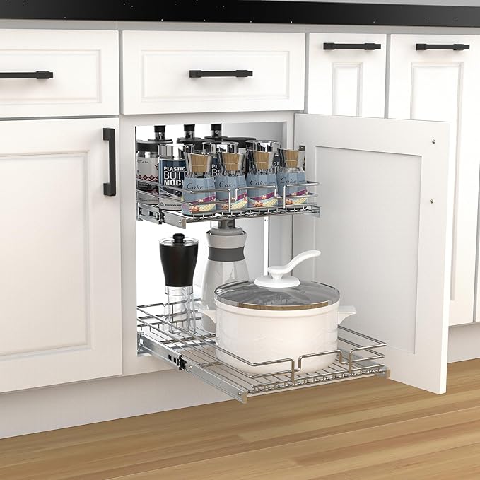 2 Tier Pull Out Cabinet Organizer, 14" W x 21" D Heavy-Duty Metal Sliding Drawer Shelf for Kitchen Cabinets, Chrome, Doesn't Include Door Fittings