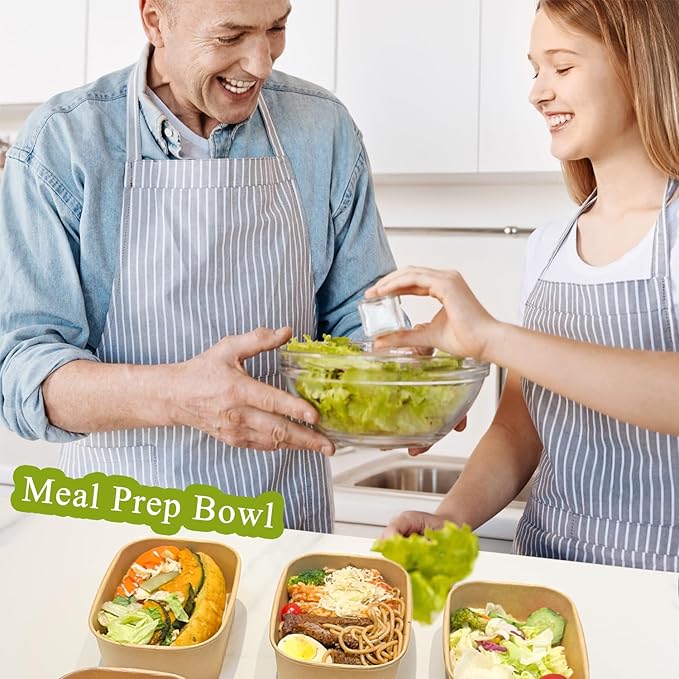 50-Pack 29oz Kraft Paper Bowls Disposable with Lids and Wooden Forks, Disposable Meal Prep Containers Paper Food Prep Containers with Lids, To Go Container for Hot Soup/Salad, Freezer & Microwave Safe