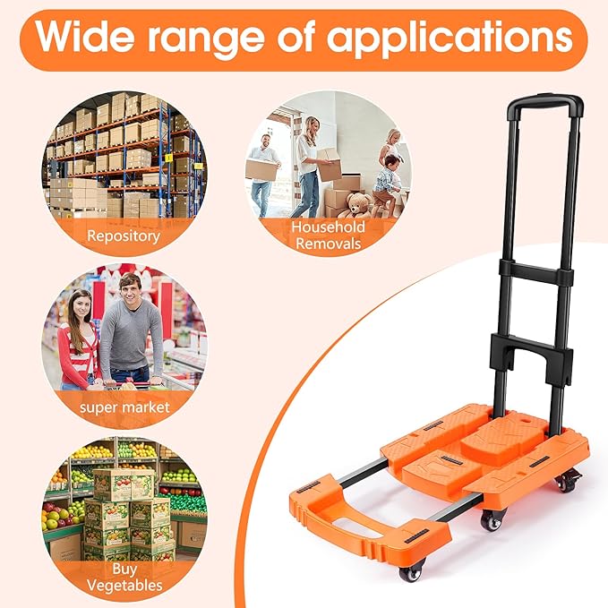 Folding Hand Truck500lbs, Portable Heavy Duty Dolly Cart, 6 Wheels Collapsible Luggage Cart with 2 Elastic Ropes - Compact Trolley Cart for Easy Moving - Ideal Hand Cart for Travel and More
