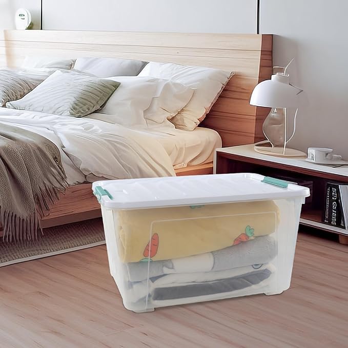4 Packs 85 Quarts Large Clear Storage Boxes with Wheels, Plastic Latching Bins Totes Set