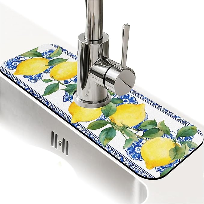 Kitchen Sink Splash Guard，Lemons and blue tiles Faucet Mat Sink Gadgets-Super Absorbent Fast Drying Mat Drip Catcher for Kitchen, Bathroom,Sink Mat, Dish Drying Mat, Bathroom(15" X 5.5" )