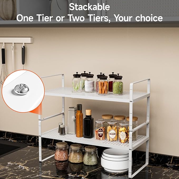 DPZM 16.5-27’’L Expandable Stackable Cabinet Shelves, Adjustable Spice Rack Cabinet Shelf Organizer for Kitchen, Countertop, Pantry and Cupboard, White