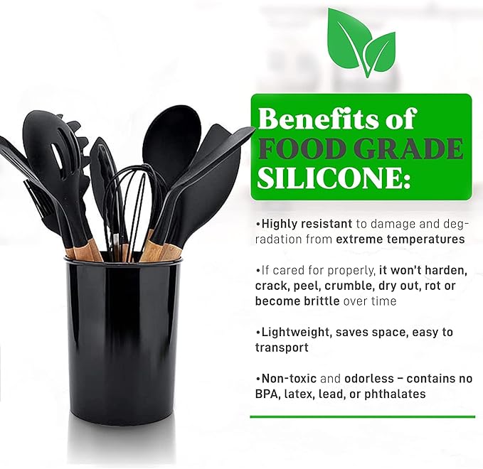 Silicone Cooking Utensils Set kitchen Utensils Set Wooden Handle Spoons Turner Brush Tong Soup Ladle Pasta Heat Resistant Non Stick Kitchen Utensils Heat Resistant Gadget Set With Holder BPA Free
