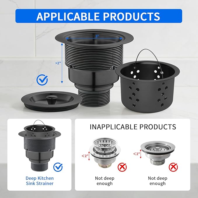 POPFLY SUS 304 Stainless Steel Deep Sink Strainer Basket – Fits Standard 3-1/2" Kitchen Drains, 2.5" Replacement Option – Removable Drain Basket with Handle for Easy Food Debris Cleaning, Black