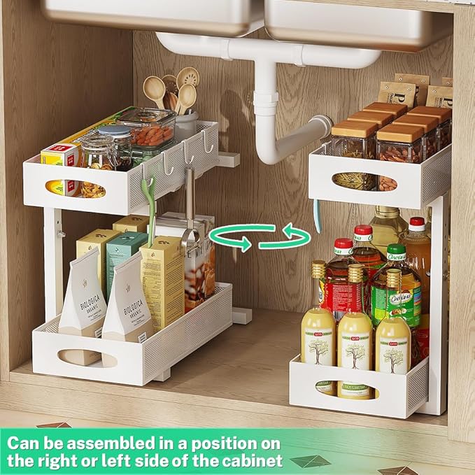 WROBTLD Under Sink Organizer, 2-Tier Pull Out Cabinet Organizer with Adjustable Height, Use in Kitchen Bathroom Cabinet and Countertop Storage, White