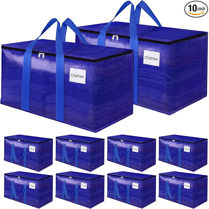 10Pack Moving Storage Bags, Moving Supplies Packing Boxes for Moving, Camping, College Dorm Room Essentials for Girls, Blue Tote Bags, 93L Heavy-Duty Storage Bins With Lids And Zippers