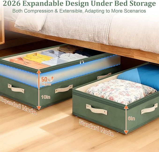 Dolicer 2 Pack Under Bed Storage with Wheels, 6in-10in Height Adjustable Underbed Storage Containers, 92L XXXL Under Bed Drawers Rolling Bin with Clear Lids for Dorm Shoes Clothes Organizers(Green)