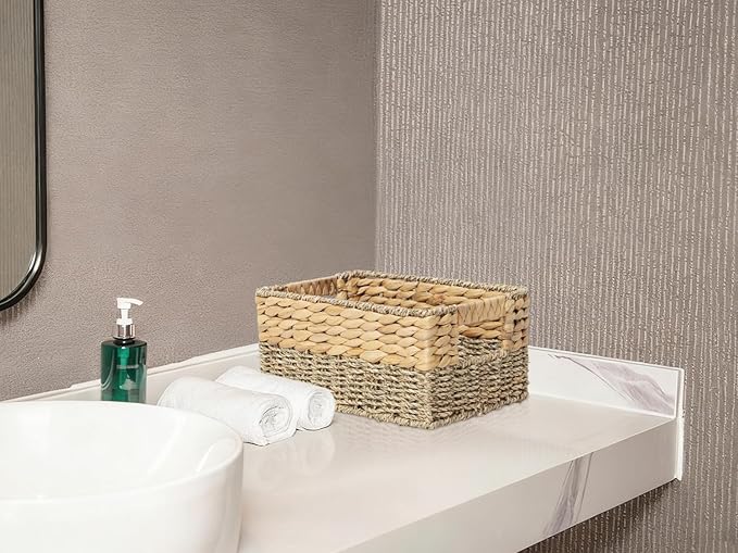 YAHUAN Natural Water Hyacinth & Seagrass Woven Storage Baskets – Wicker Storage Basket Organizer Bins with Handles for Home & Office Pantry Shelf (Small)