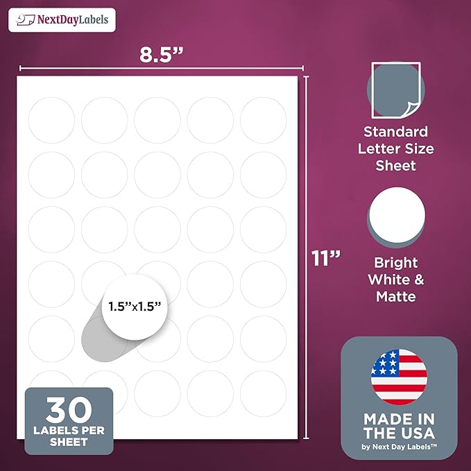 NextDayLabels 1.5 Inch Round Circle Stickers White Blank Labels for Laser Inkjet Printer - 30 Per Sheet Self-Adhesive Jar Candle Product Made in USA - 30,000 Labels