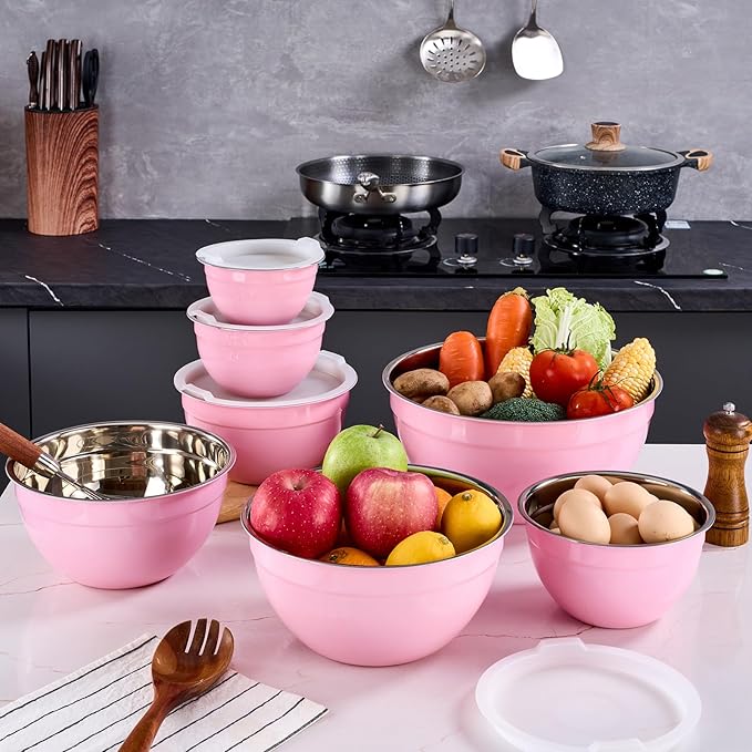 Onlycooker Pink Mixing Bowls With Airtight Lids,Stainless Steel Bowl,Salad Bowls 7 Piece Colorful Nesting Bowl Pink Kitchen Accessories,Size 7,3.6,2.7,2.1,1.5,1.1,0.8QT Stackable Design