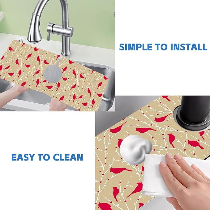 Christmas Cardinal Birds Kitchen Sink Splash Guard Mat Absorbent Fast Drying Mat Faucet Draining Mat Sink Splash Guard Behind Faucet Drip Catcher for Kitchen Bathroom 5.5"×15"