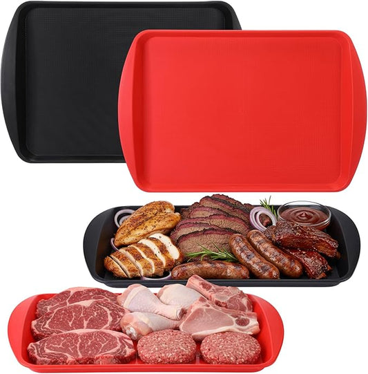 DoubleFill Set of 4 Grilling Prep and Serve Trays, 14x10 Inch Large BBQ Platter for Raw and Cooked Food, Cooking Meat Plastic Grilling Trays, Black and Red Stackable Defrosting Prep and Carry System