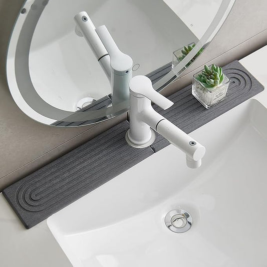 23.6 Inch Water-Absorbing Stone Faucet Mat for Kitchen Sink Bathroom Counter，Dark Grey Diatomite Drying Stone Mat, Sink Stone Tray Protector,Prevent Moisture Sink Splash Guard