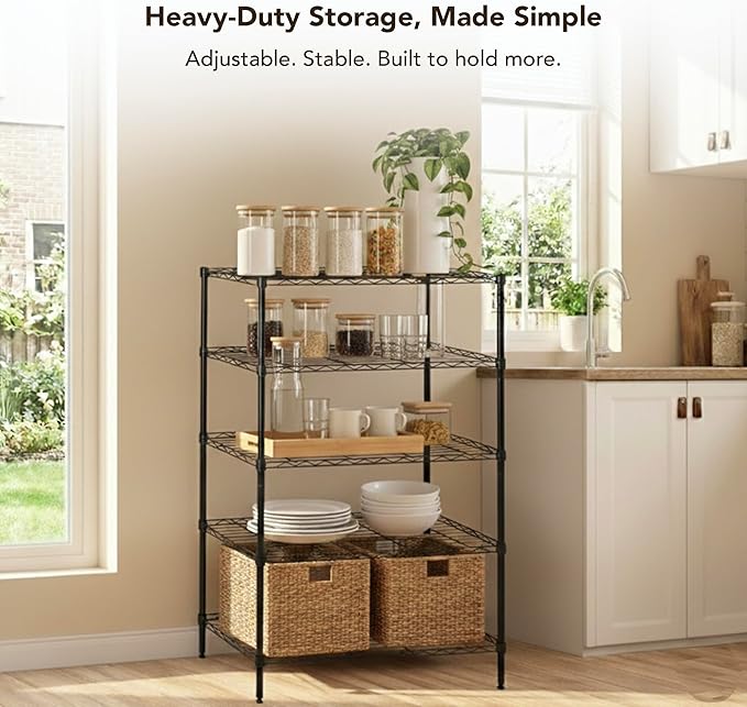Displays By Jack 4 Tier Wire Shelving Unit Storage Rack, Metal Heavy Duty Utility Organization Units for Products Plant Standing Shelf, Pantry, Garage, Shelf Stand, Black, 14" W x 30" L X 48" H