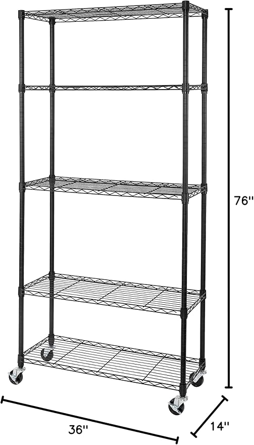 Seville Classics UltraDurable Heavy Duty NSF Solid Steel Wire Rack Storage Unit, Organizer for Garage, Warehouse, Office, Restaurant, Classroom, Kitchen, Black, 5-Tier Shelving, 36" W x 14" D