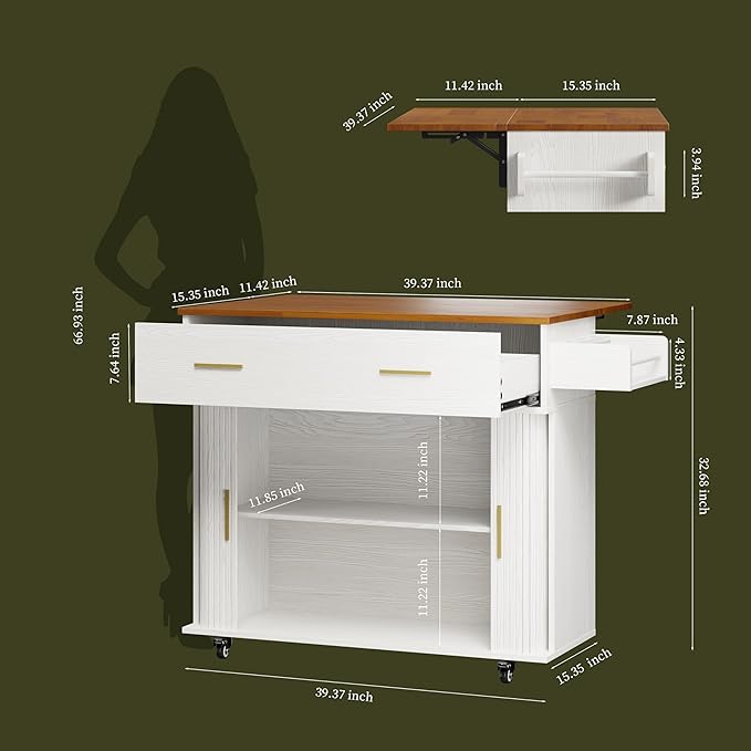 DHH Rolling Kitchen Island with Drop Leaf Countertop&Ample Storage - 39.4" Small Mobile Kitchen Cart On Wheels with Sliding Door,Drawers,Spice Rack & 2-Tier Storage (White)