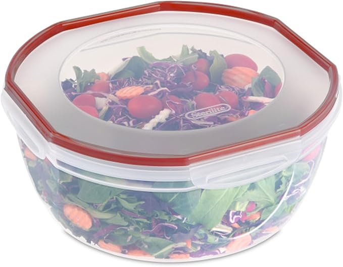 Sterilite Ultra-Seal 8.1 Qt Bowl, Large Airtight Food Storage Container, Latching Lid, Microwave and Dishwasher Safe, Clear With Red Gasket, 6-Pack