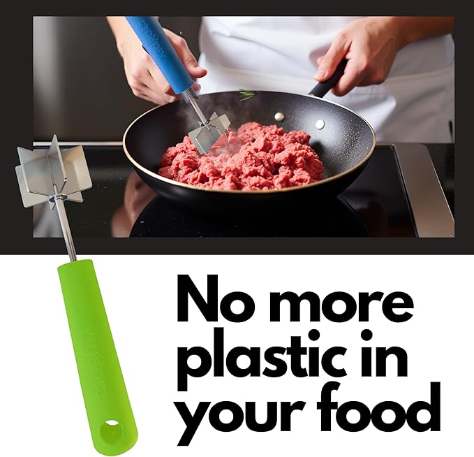 Stainless Steel Meat Masher and Chopper with Soft Grip Handle – Heavy Duty Handle & Mashing Head for Ground Beef, Meat, and More - 9", Dishwasher Safe (Zippy Green)