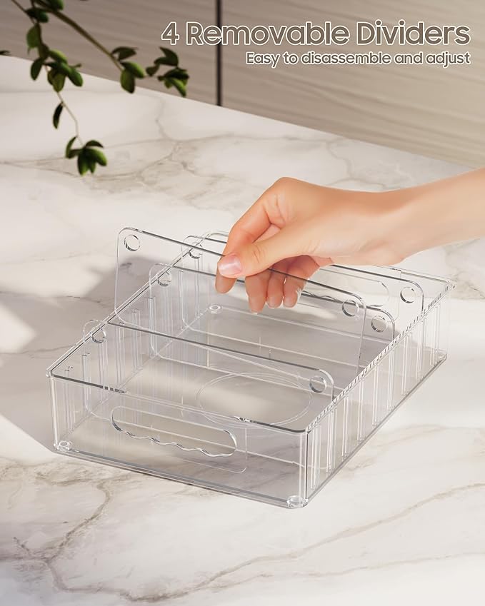 LYNG Lid Organizers Inside Cabinet, Clear Plastic Storage Lid Organizer With 4 Adjustable Dividers, Food Container Lid Organizer For Kitchen Pantry Grey
