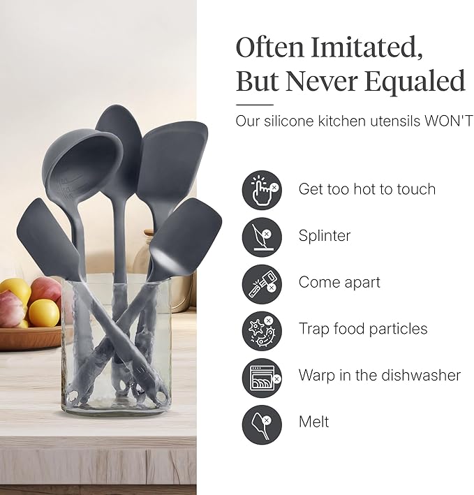 GIR: Get It Right 5 Piece Silicone Essentials Kitchen Utensils Set - Ladle, Spatula, Flip, Spoon & Spoonula - Non-Toxic Cooking Utensils for Nonstick Cookware, Cooking and Baking - Charcoal