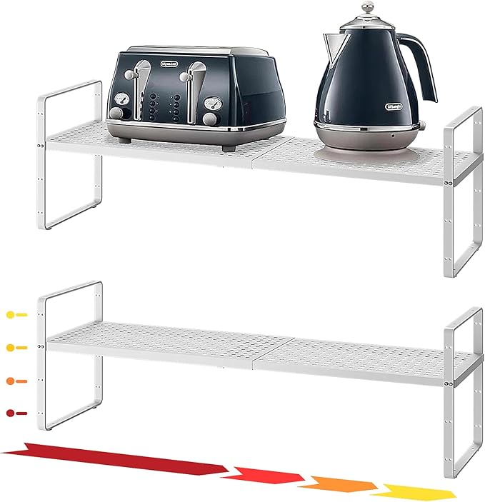 taiheis Hole Pattern Expandable Shelf Organizer,2Pack 8.1" Wide Easy to Assemble Cabinet Organizer Shelf, 16.5~27.1" Adjustable Height&Stackable Spice Organization for Cupboard, White