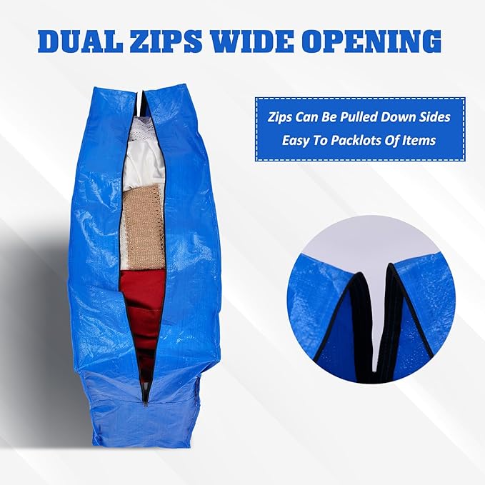 Windyun 4 Pack 41 Gallon Extra Large Moving Bags XXL Heavy Duty Storage Bag with Strong Zipper Handle Jumbo Big Tote Box Foldable for College Dorm Travel Clothes Duffle Blanket Pillow(Blue)