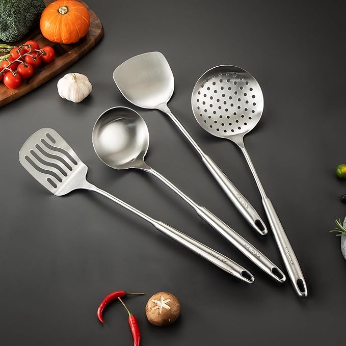 MAXCOOK 5 Pieces Cooking Utensils set, 18/8 Stainless Steel Kitchen Utensil Set with Rotating Holder (Dishwasher Safe)